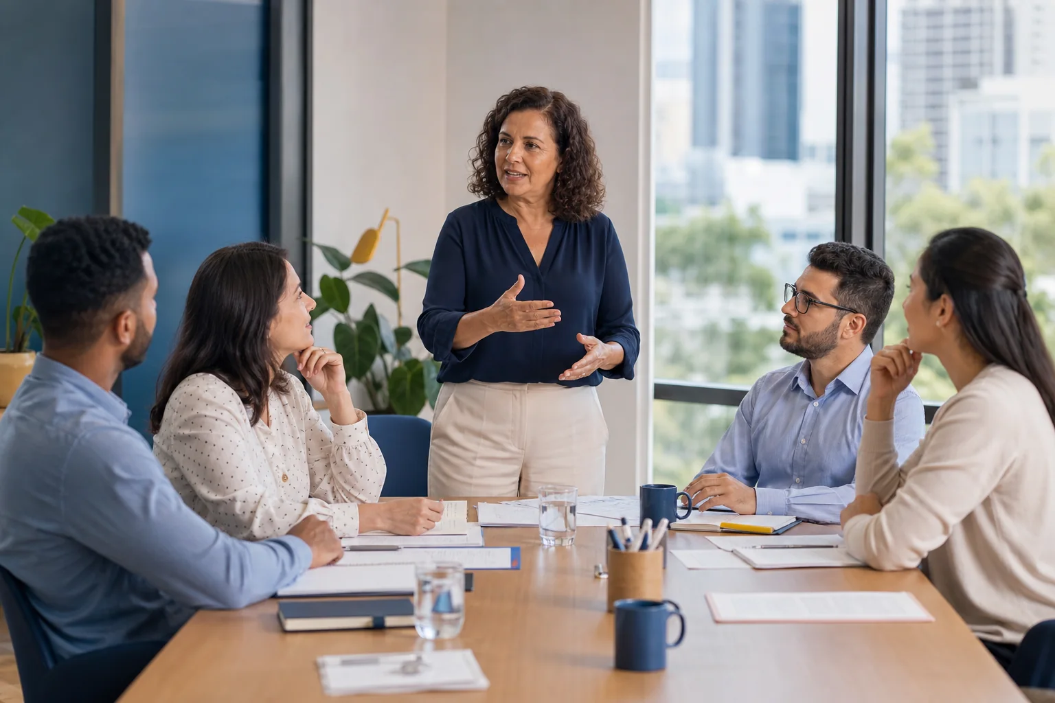 Facilitadora conduzindo uma conversa de desenvolvimento com uma equipe